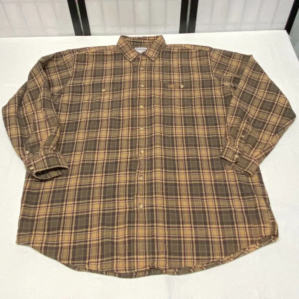 Carhartt Plaid Flannel Shirt 2XLT Brown Rust Long Sleeve Brushed Cotton Workwear - Picture 6 of 14